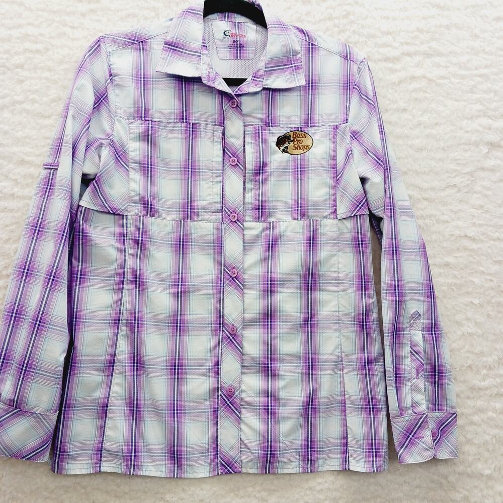 Blouse Button-Up Purple Plaid Fishing Outdoor Utility Heritage Bass Pro Size PS